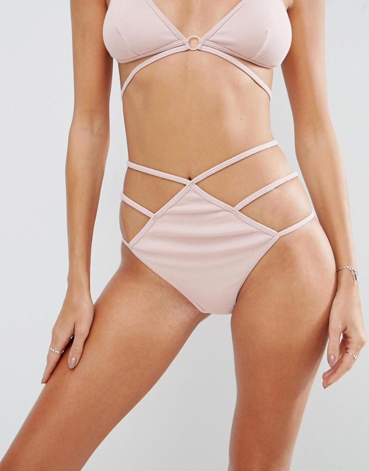 Asos Cally Ribbed Strappy Highwaist Pant - Pink