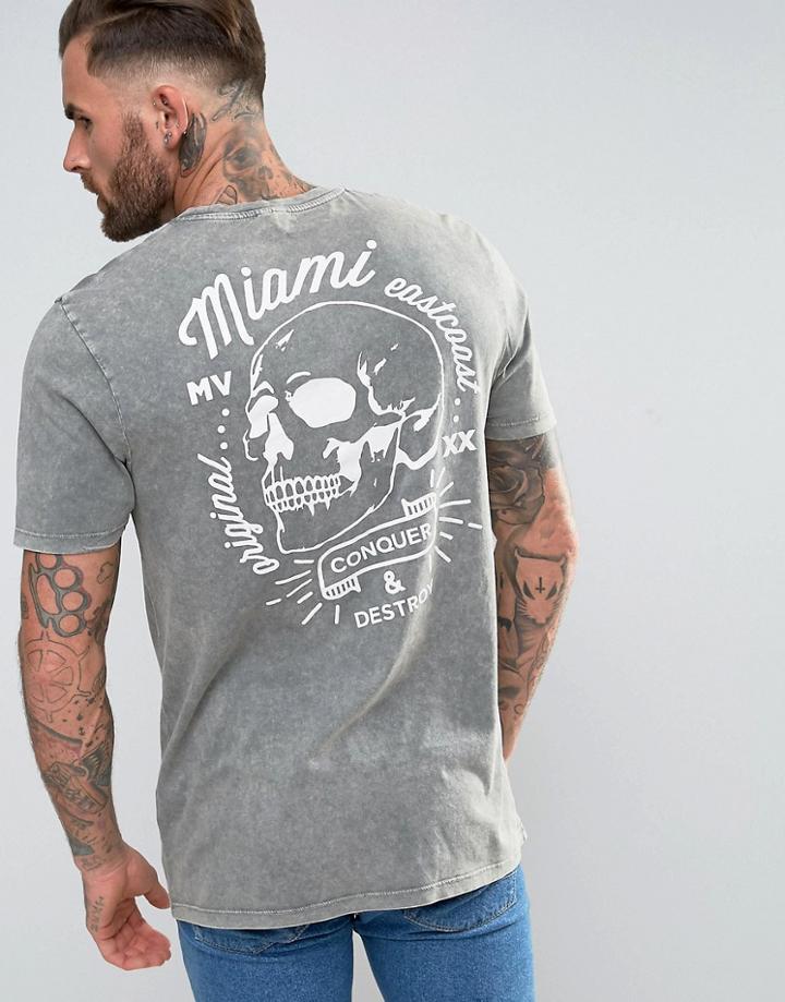 Asos Longline T-shirt With Skull Print And Acid Wash - Black