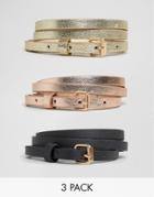 New Look 3 Pack Skinny Metallic Belt - Gold