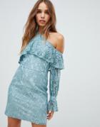 Dolly & Delicious Frill Off Shoulder High Neck Pencil Dress In Emerald Green