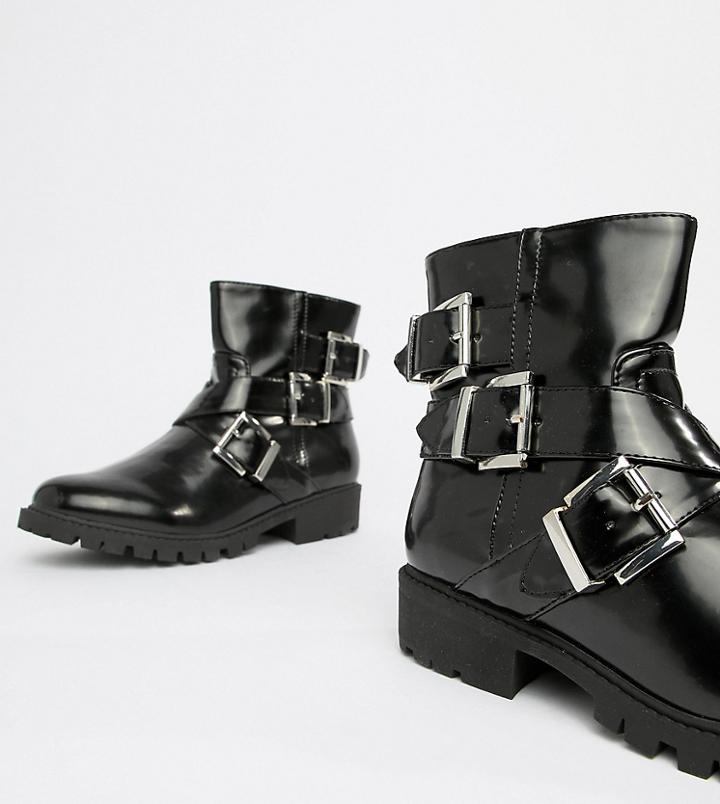 London Rebel Wide Fit Flat Biker Boots - Black