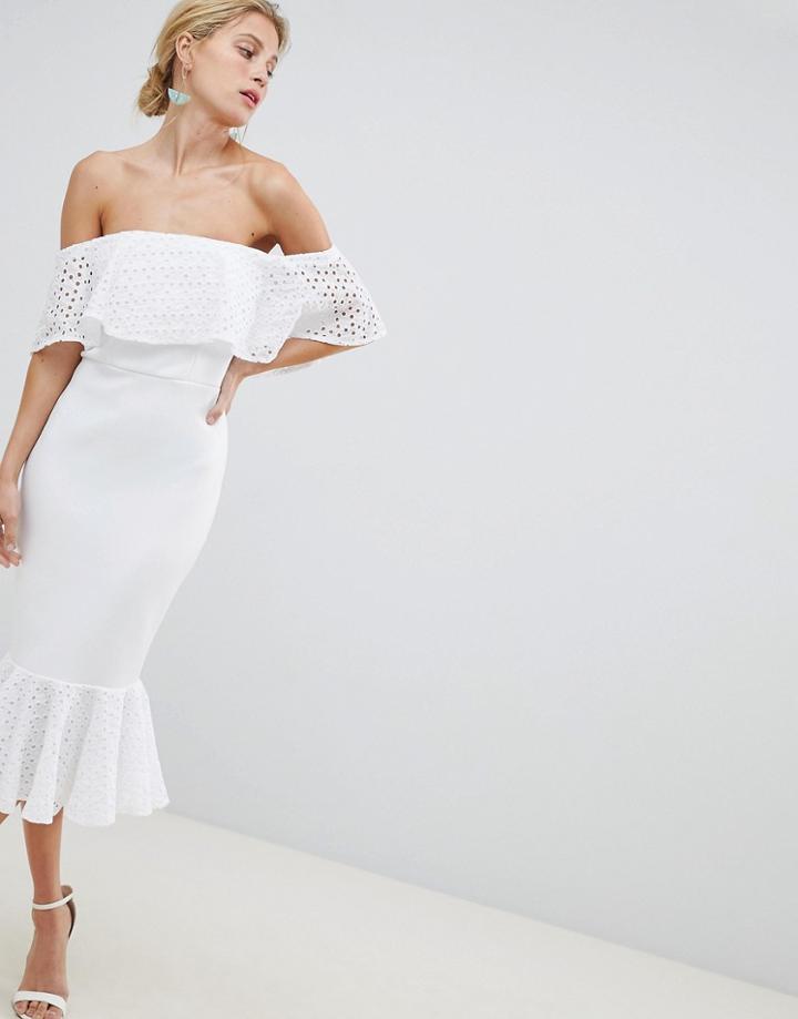 Asos Design Scuba Broderie Trim Pephem Midi Dress-white