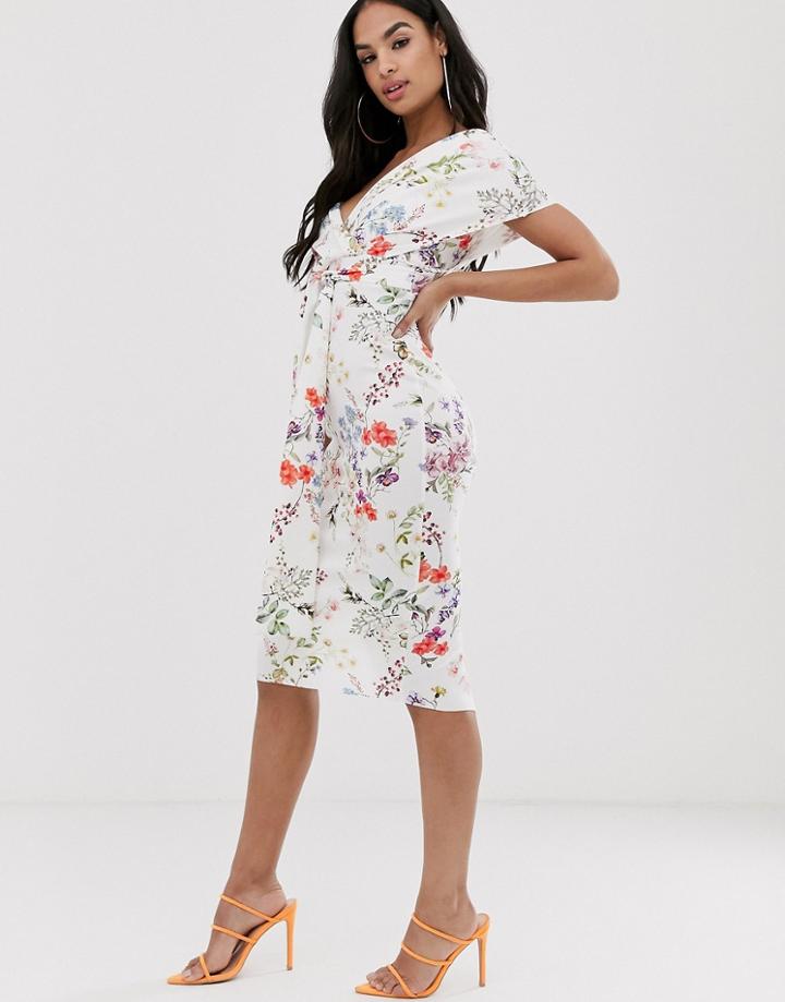 Asos Design Fallen Shoulder Midi Pencil Dress With Tie Detail In Botanical Floral-multi