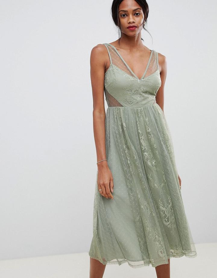 Asos Design Vintage Midi Dress In Delicate Dobby And Lace Mix - Green