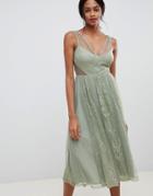 Asos Design Vintage Midi Dress In Delicate Dobby And Lace Mix - Green