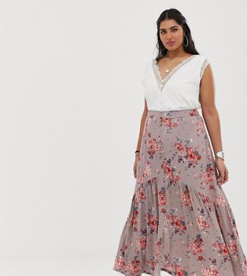 En Creme Plus Maxi Skirt With Button Front Detail In Floral - Purple