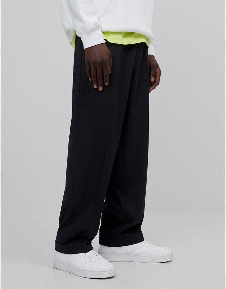 Bershka Wide Fit Smart Pants In Black