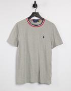 Polo Ralph Lauren Pique Player Logo Stripe Tipping T-shirt In Gray Heather-grey