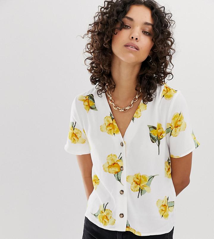 Warehouse Frill Sleeve Blouse With Yellow Floral Print In White - Cream