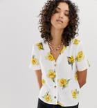 Warehouse Frill Sleeve Blouse With Yellow Floral Print In White - Cream