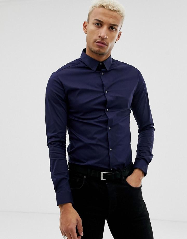 River Island Poplin Muscle Fit Shirt In Navy - Navy