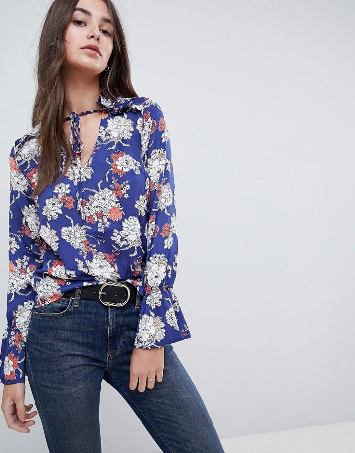Vila Floral Blouse With Neck Tie - Blue