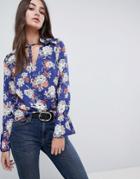Vila Floral Blouse With Neck Tie - Blue