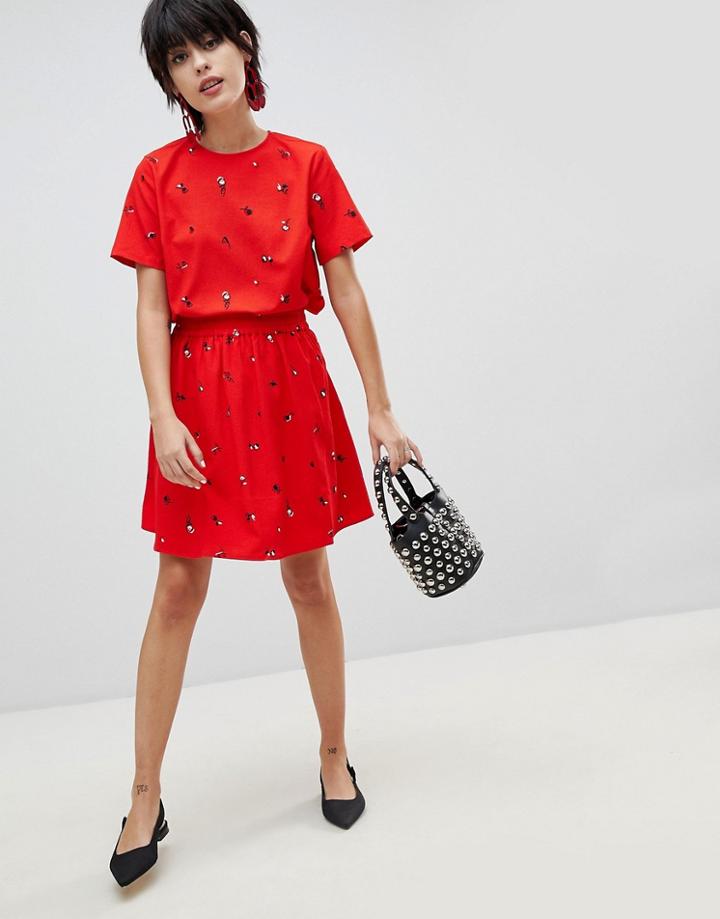 Pieces Ditsy Floral Skater Skirt - Red