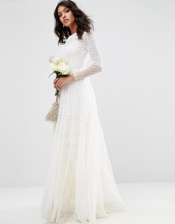 Asos Bridal Embellished Long Sleeve Maxi Dress - White