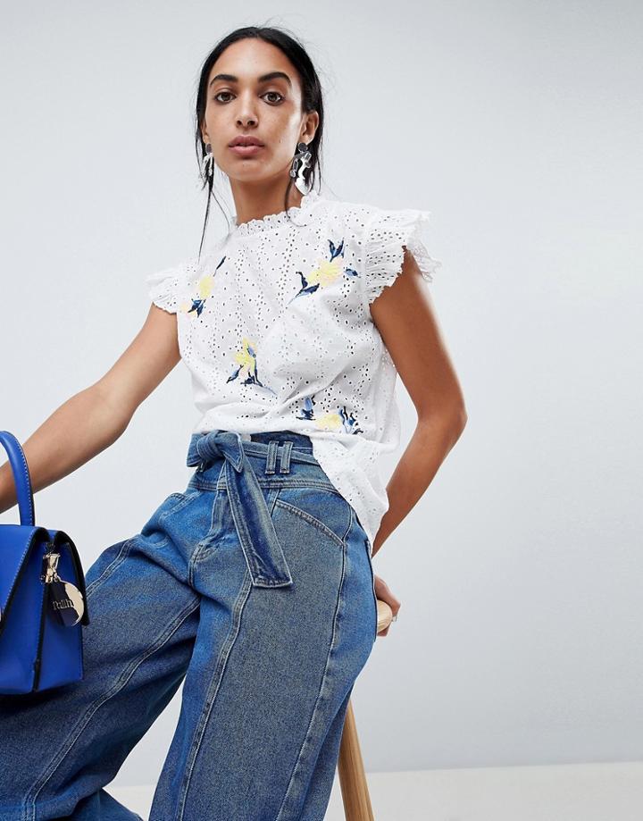 B.young High Neck Embroidered Blouse - White