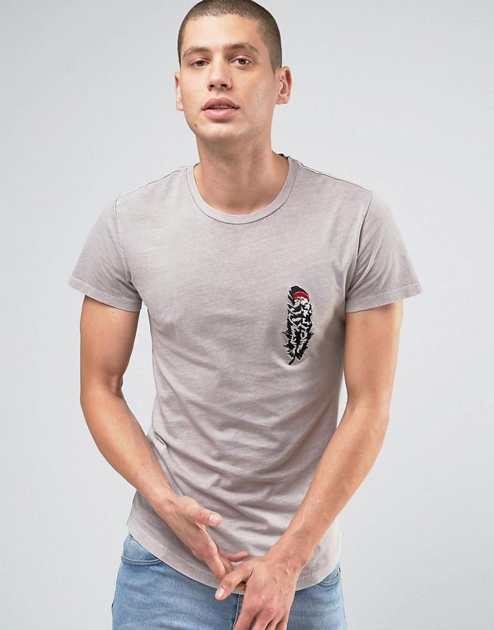 Religion T-shirt In Oil Wash With Feather Embroidary Detail - Gray