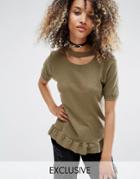Milk It Vintage Oversized Distressed T-shirt With Peplum Frill Hem - Green