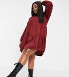 Yours Exclusive Puff Sleeve Tiered Mini Dress In Wine