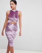 Rare High Neck Velvet Cut Out Midi Dress - Blue
