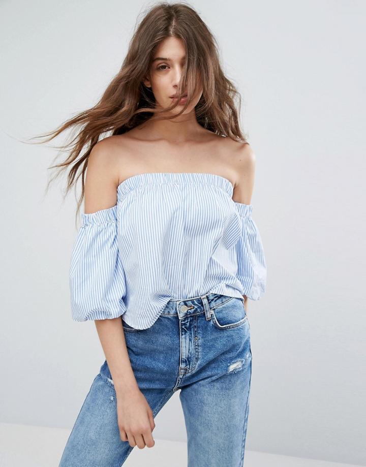 Berskha Stripe Bardot Puff Sleeve Top - Blue