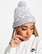 Nike Leopard Print Pom Pom Cuffed Beanie Hat In Gray