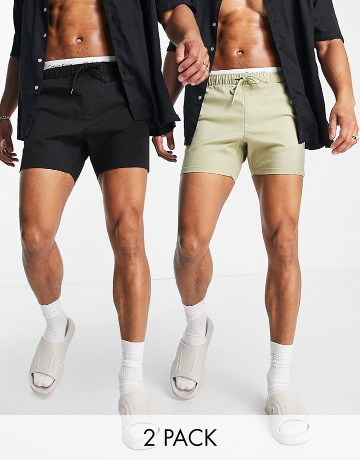 Asos Design 2 Pack Skinny Chino Shorts In Light Khaki And Black Save-multi