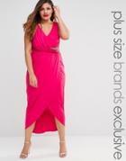 Little Mistress Plus Plunge Midi Dress With Embellishment And Wrap Skirt - Pink