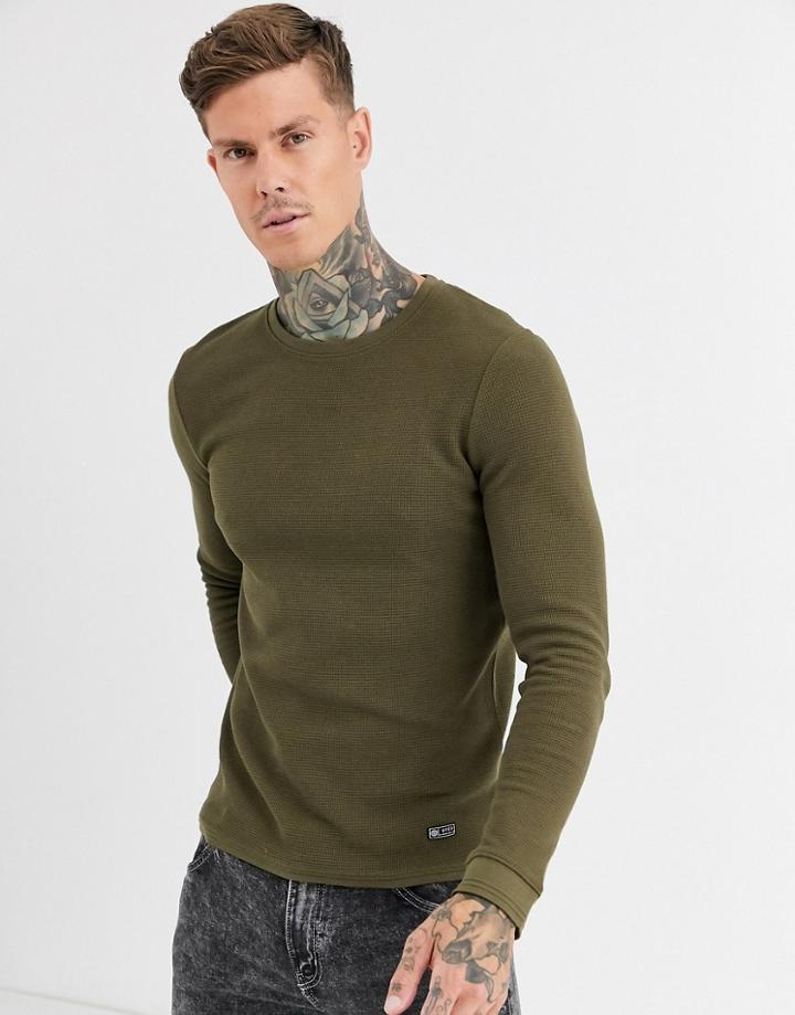 Bershka Waffle Sweater In Khaki-green