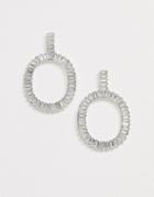 Asos Design Earrings With Baguette Crystal Open Circle Drop In Silver Tone - Silver