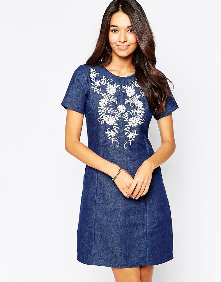 Yumi Embroidred Chambray Shift Dress - Chambray