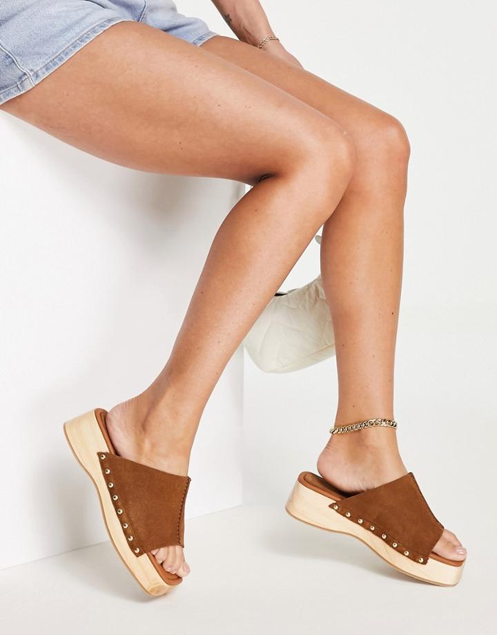 Asos Design Frog Premium Suede Flatform Clogs In Tan-brown