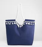 South Beach Navy Beach Bag With White Pom Poms - Navy