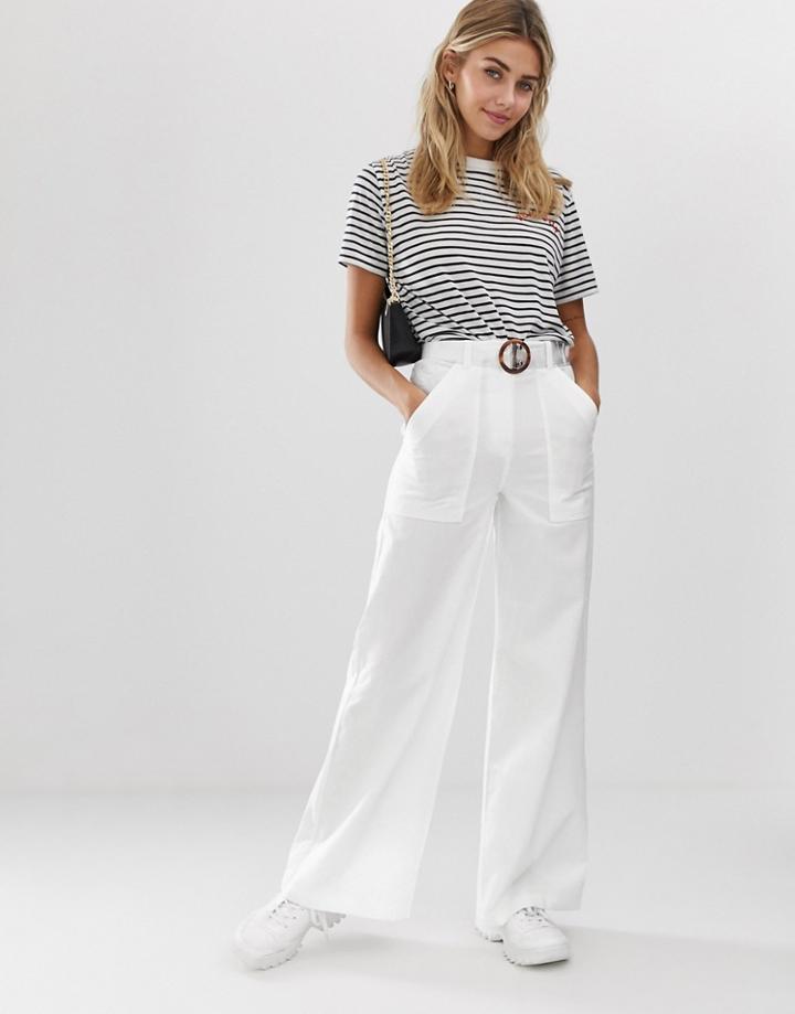 Asos Design Washed Wide Leg Flare Pants With Belt - Cream