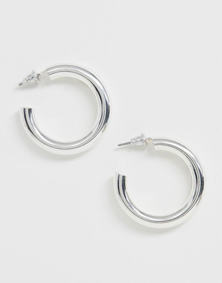 Asos Design Hoop Earrings In Sleek Hollow Tube Design In Silver - Silver