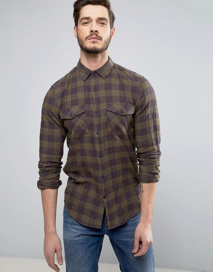 Pull & Bear Regular Fit Check Shirt In Khaki - Green