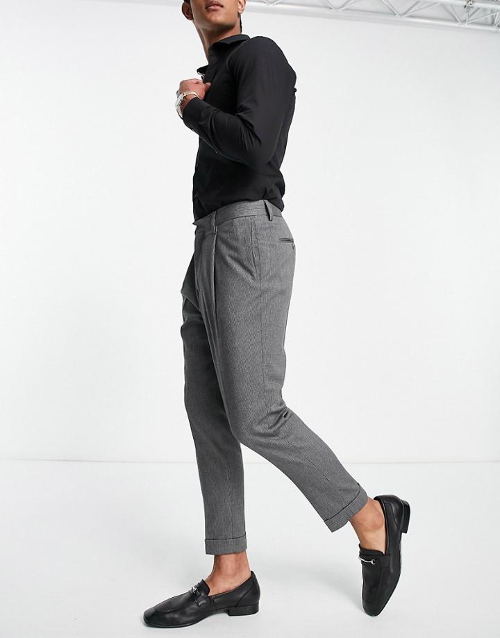 Asos Design Tapered Smart Pants In Textured With Double Pleats And Turn Up-grey