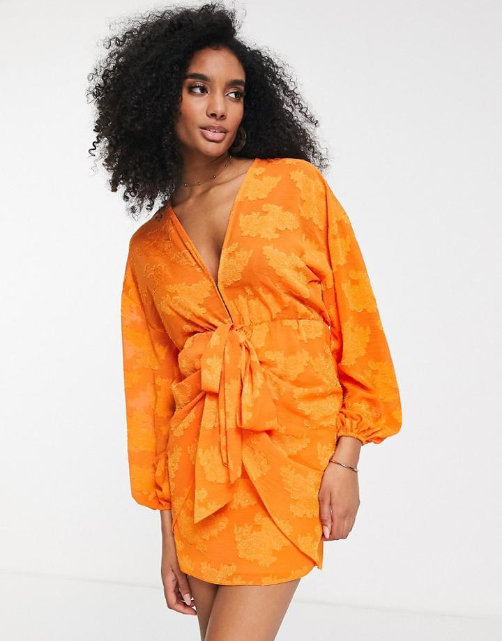 Asos Design Plunge Tie Front Mini Dress In Floral Jacquard In Orange