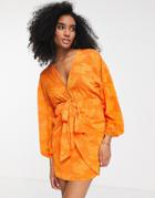 Asos Design Plunge Tie Front Mini Dress In Floral Jacquard In Orange