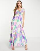 Asos Design Ruched Maxi Dress With Tie Detail In Abstract Floral Print-multi
