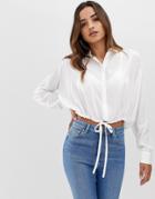 Asos Design Soft Long Sleeve Shirt With Tie Waist Detail-white