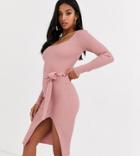 Missguided Petite Ribbed Tie Waist Midi Dress In Pink