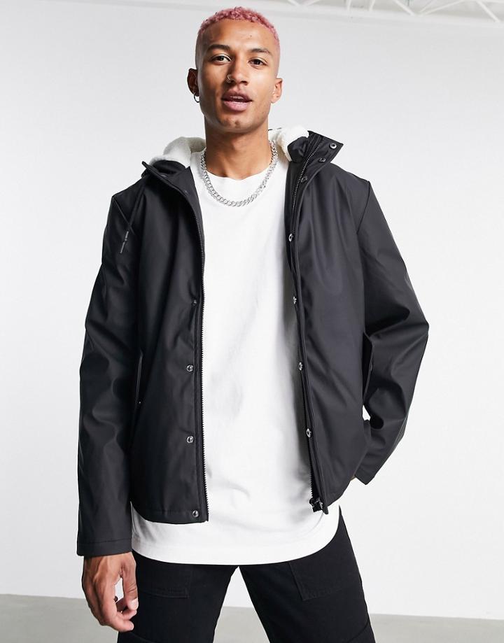 Asos Design Shower Resistant Short Parka Jacket With Shearling Lining In Black
