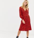 Influence Tall Button Detail Midi Dress In Splodge Print - Red