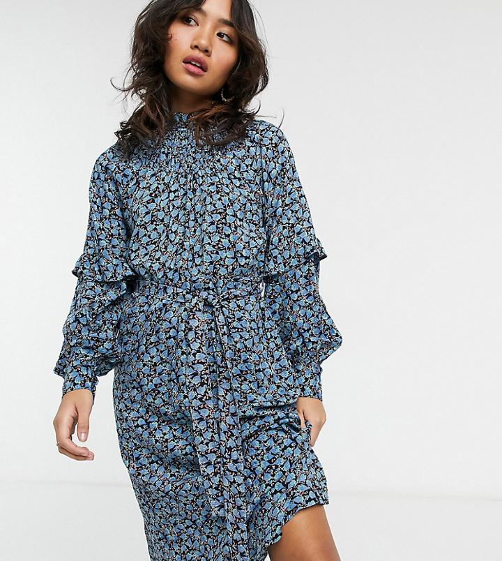 Vero Moda Petite Midi Dress With Shirred Neck And Sleeve Detail In Blue Micro Floral-multi