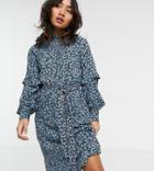 Vero Moda Petite Midi Dress With Shirred Neck And Sleeve Detail In Blue Micro Floral-multi