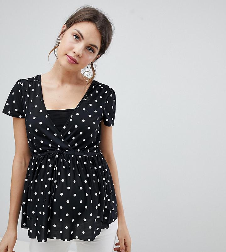 Asos Design Maternity Nursing Tie Front Top In Polka Dot - Black