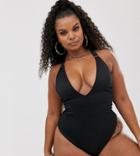 South Beach Curve Exclusive Ribbed High Leg Swimsuit In Black - Black