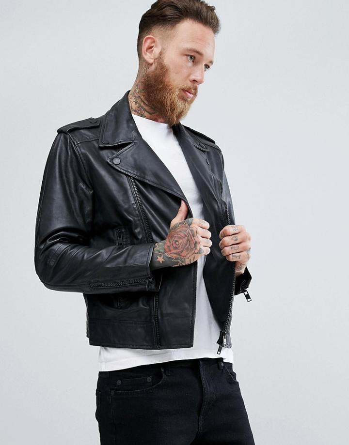 Mango Man Leather Biker Jacket - Black