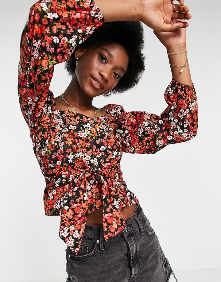 Miss Selfridge Tie Front Blouse In Red Floral-black